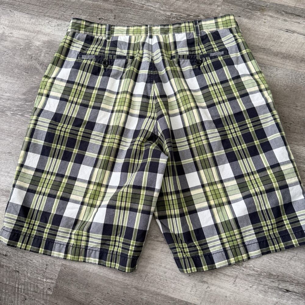 Lands End Shorts Mens 34 Green Black Plaid 100% Cotton Flat Front Pockets